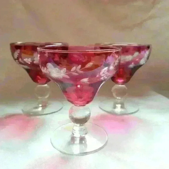 Set of 3-Ruby Flas Etched Coupe Glasses - Picture 1 of 3